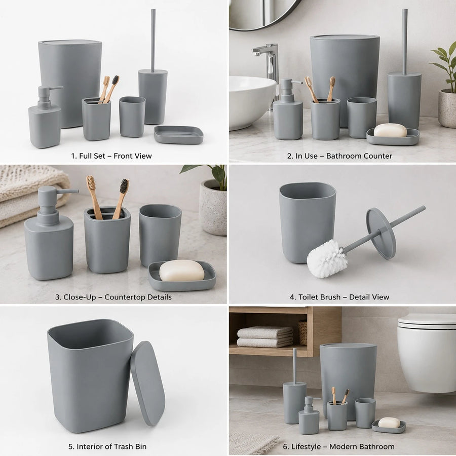 6 Piece Plastic Bathroom Accessories Set with Trash Bin Soap Dispenser Toothbrush Holder Tumbler Soap Dish and Toilet Brush