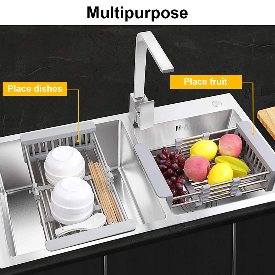 Adjustable Retractable Sink Dish Drying Rack Stainless Steel Kitchen Organizer Dish Drainer Fruit Vegetable Rinse Basket Over Sink Storage