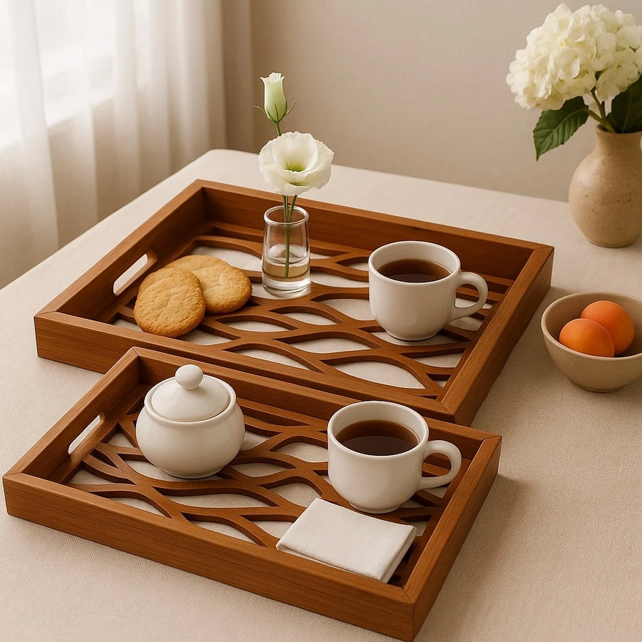 Set of 2 Carved Wooden Trays