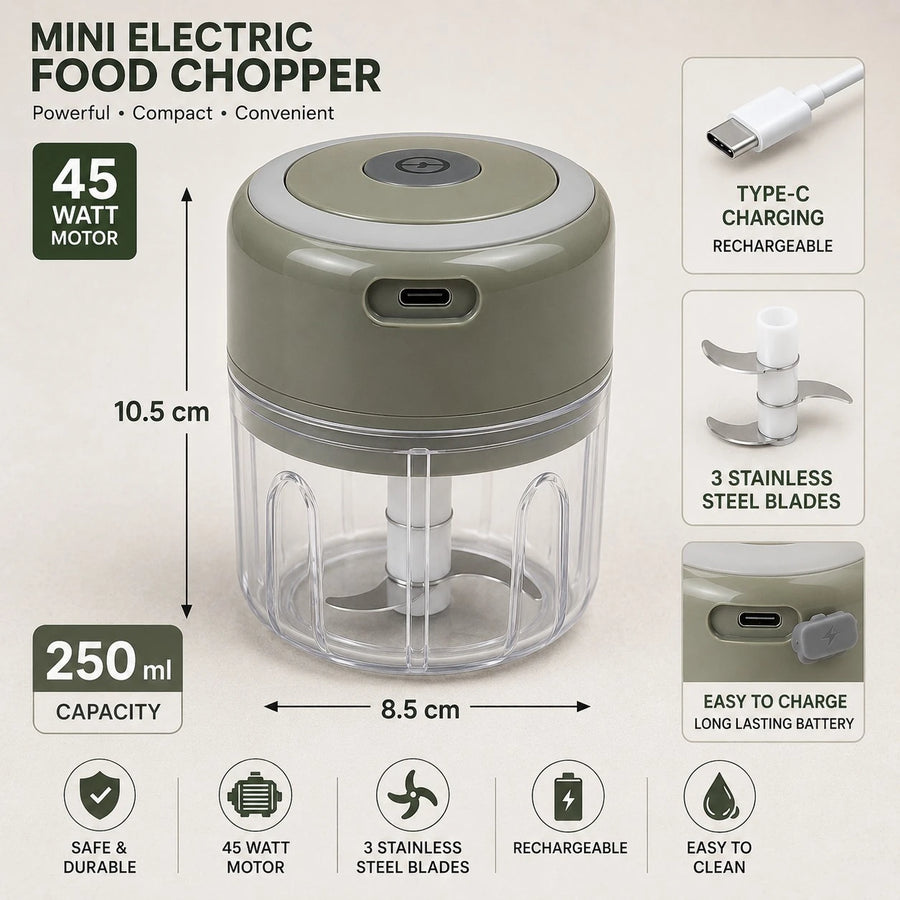 Mini Electric Food Chopper 250 ml 45 Watt 3 Blade Type C Rechargeable Garlic Chopper Vegetable Chopper