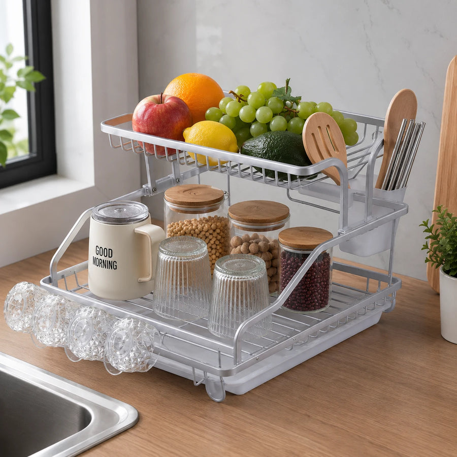 2 Tier Aluminum Dish Drying Rack with Drain Tray and Utensil Holder for Kitchen Countertop