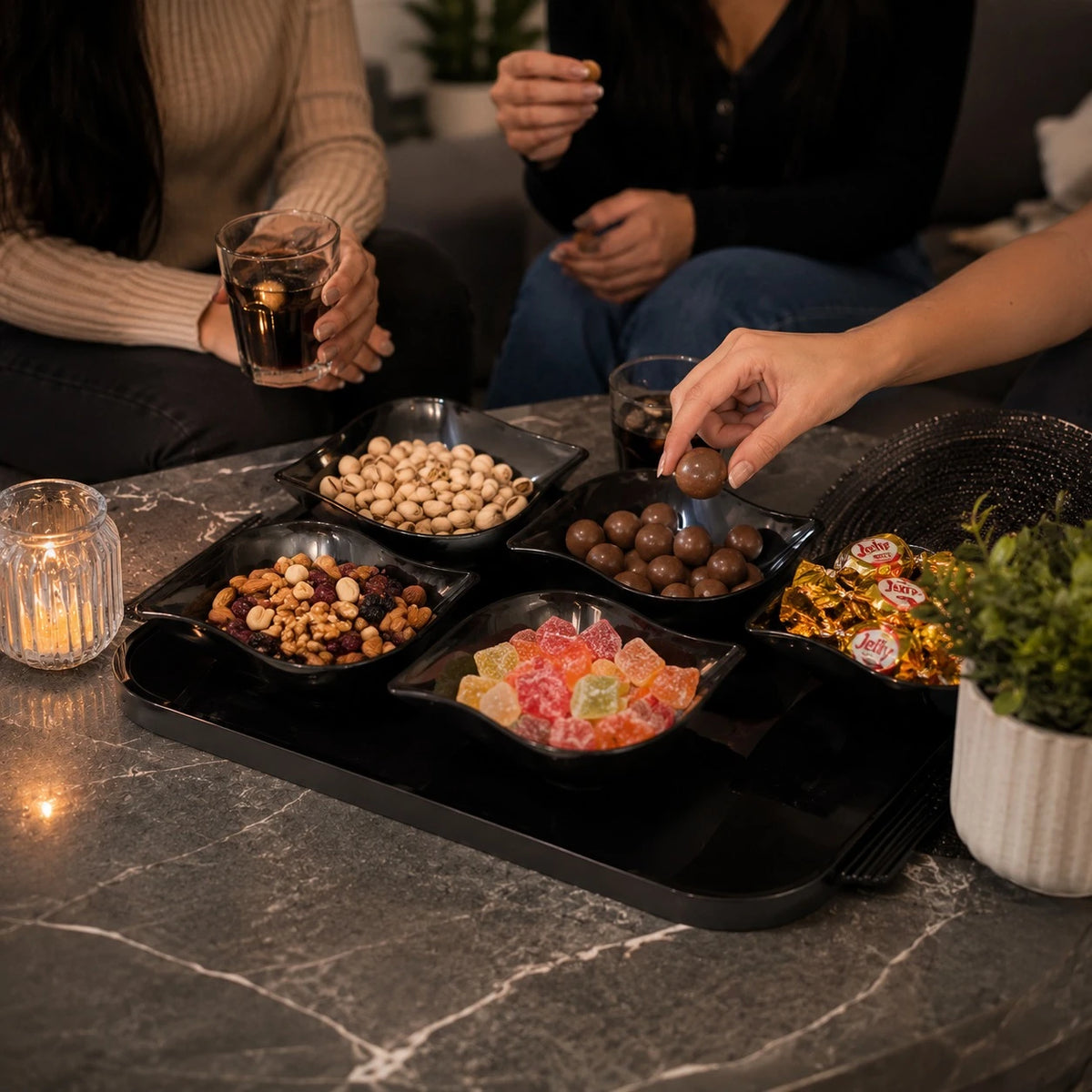 Serving Tray with 6 Snack Bowls Set | Plexi Acrylic Mezza Serving Tray | Transparent Dark Snack Organizer for Nuts, Candy & Appetizers - Image 3