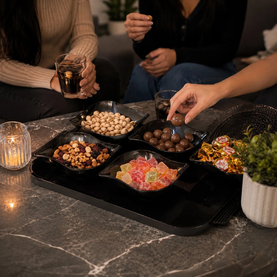 Serving Tray with 6 Snack Bowls Set Plexi Acrylic Mezza Serving Tray | Transparent Dark Snack Organizer for Nuts, Candy & Appetizers