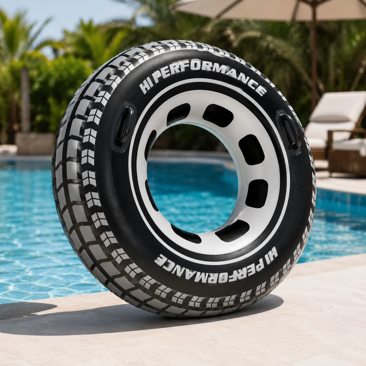 Adult Tire Swim Ring 100 cm Large Inflatable Pool Float with Handles Black and White