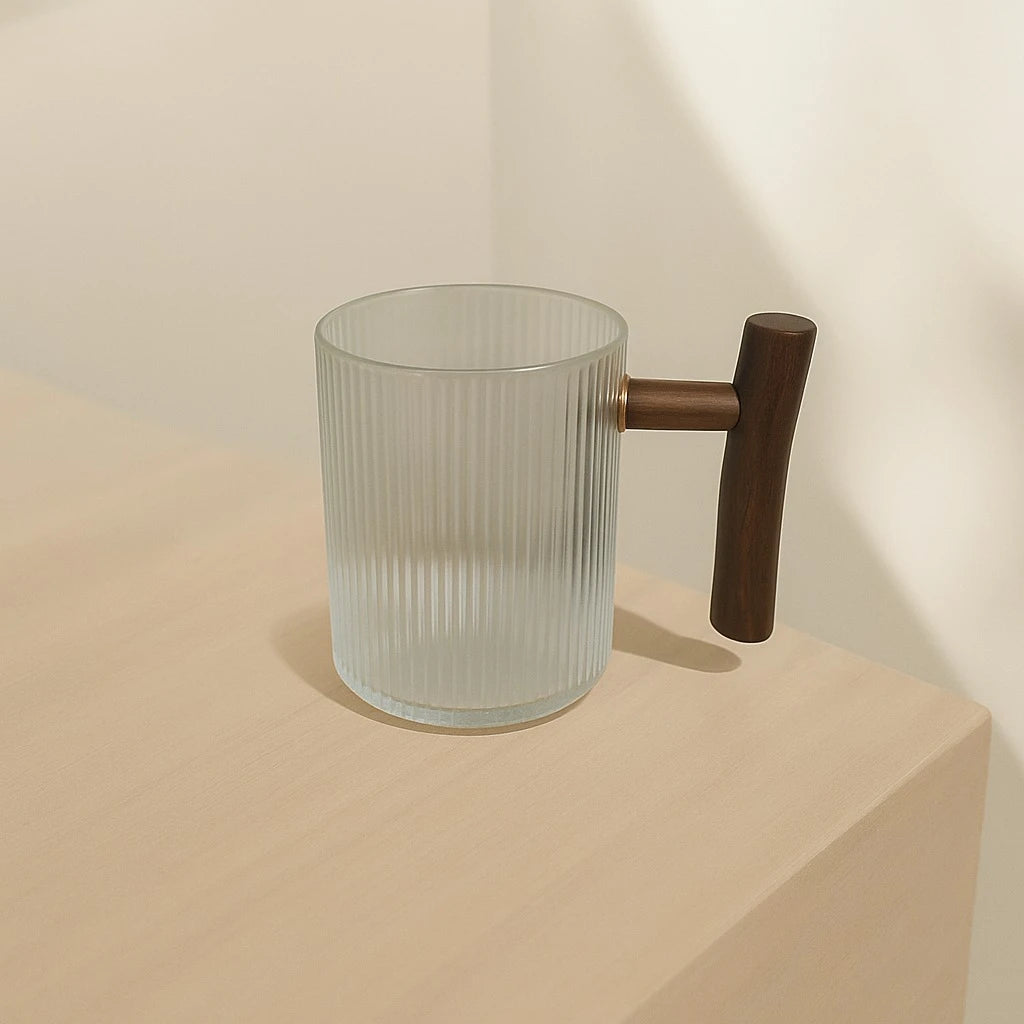 Ribbed Glass Cup with Wooden Handle