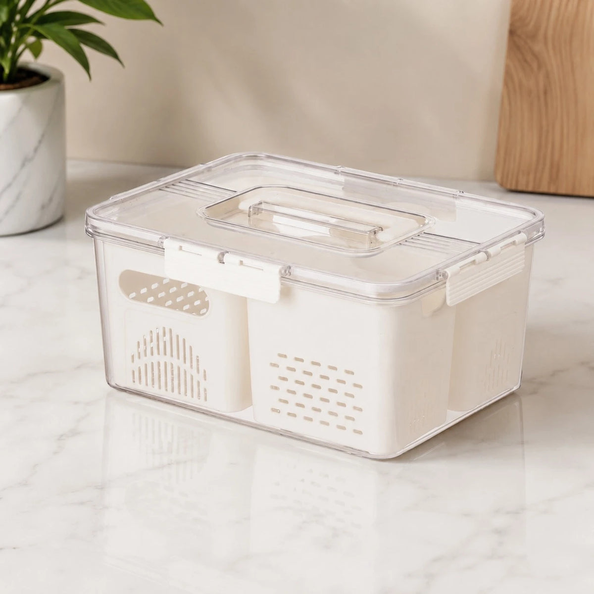 Food Storage Container With Removable Drain Basket Fridge Organizer Box Produce Keeper 30 x 20 x 14 cm