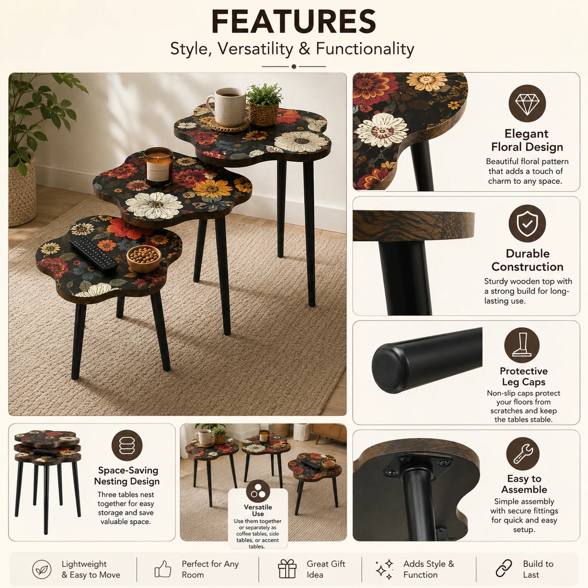 Nesting Floral Coffee Table Set of 3 Decorative Living Room Side Tables with Interchangeable Legs