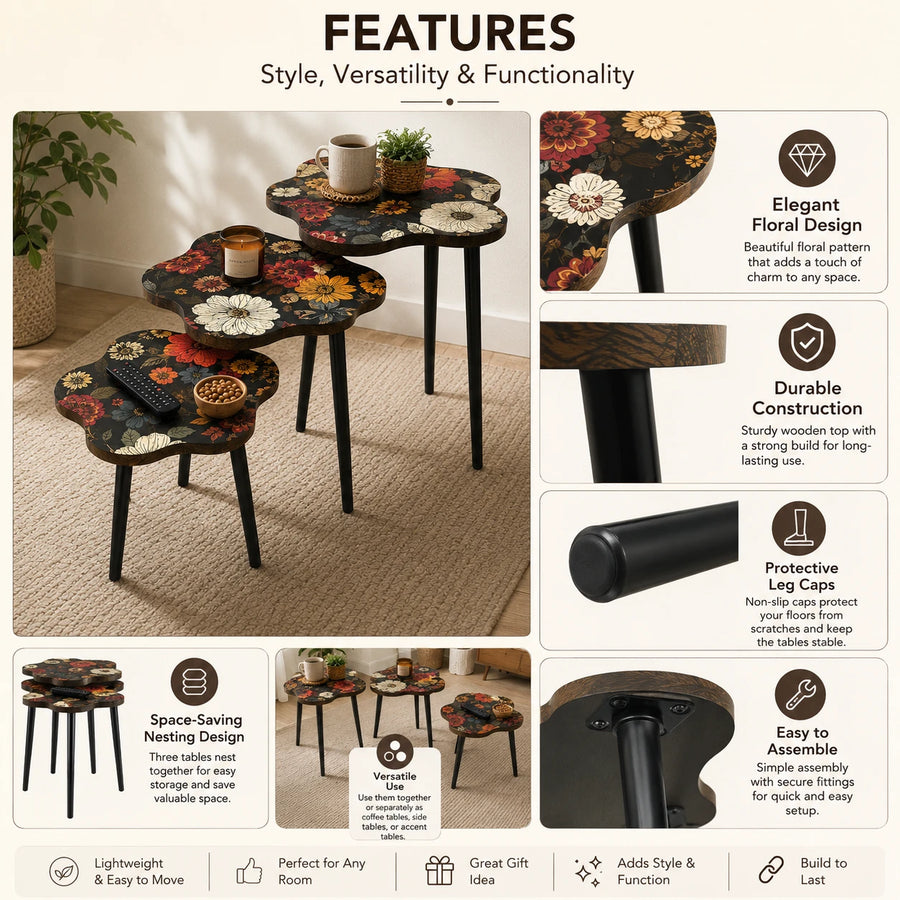 Nesting Floral Coffee Table Set of 3 Decorative Living Room Side Tables with Interchangeable Legs