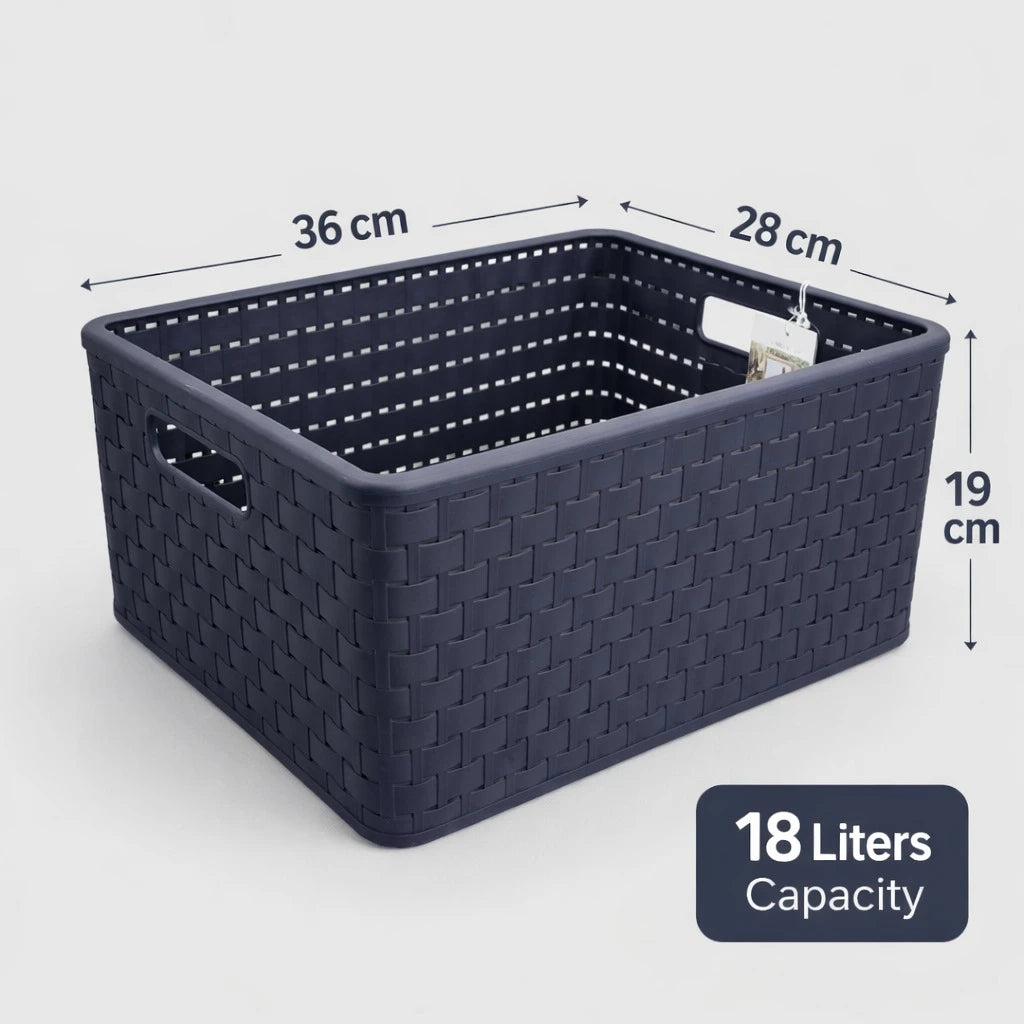 Rotho Storage Basket Plastic Woven Design Multi Purpose Organizer Dark Grey Swiss Made 18 Liters