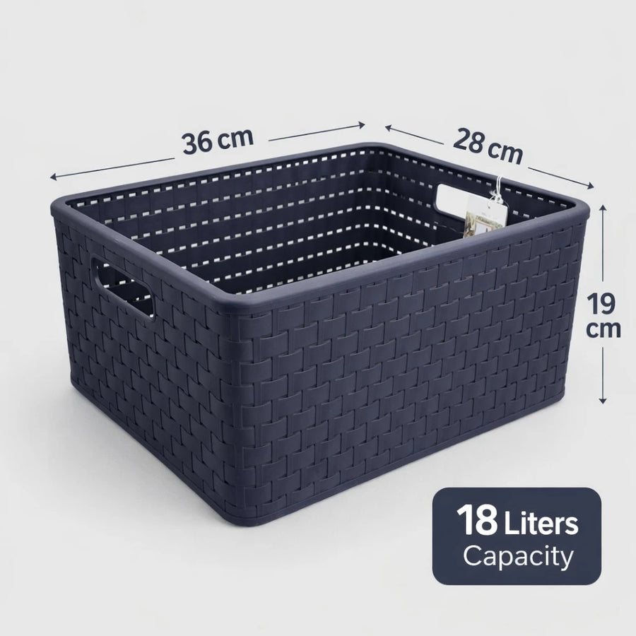 Rotho Storage Basket Plastic Woven Design Multi Purpose Organizer Dark Grey Swiss Made 18 Liters