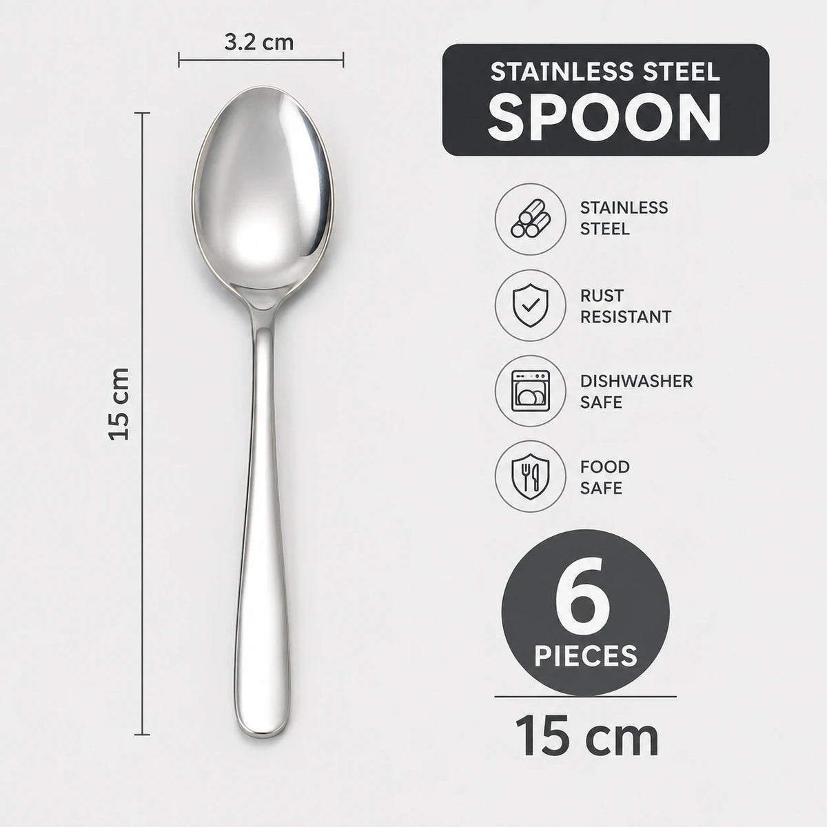 Stainless Steel Soup Spoon Set 6 Pieces 15 cm Kitchen Dining Spoon