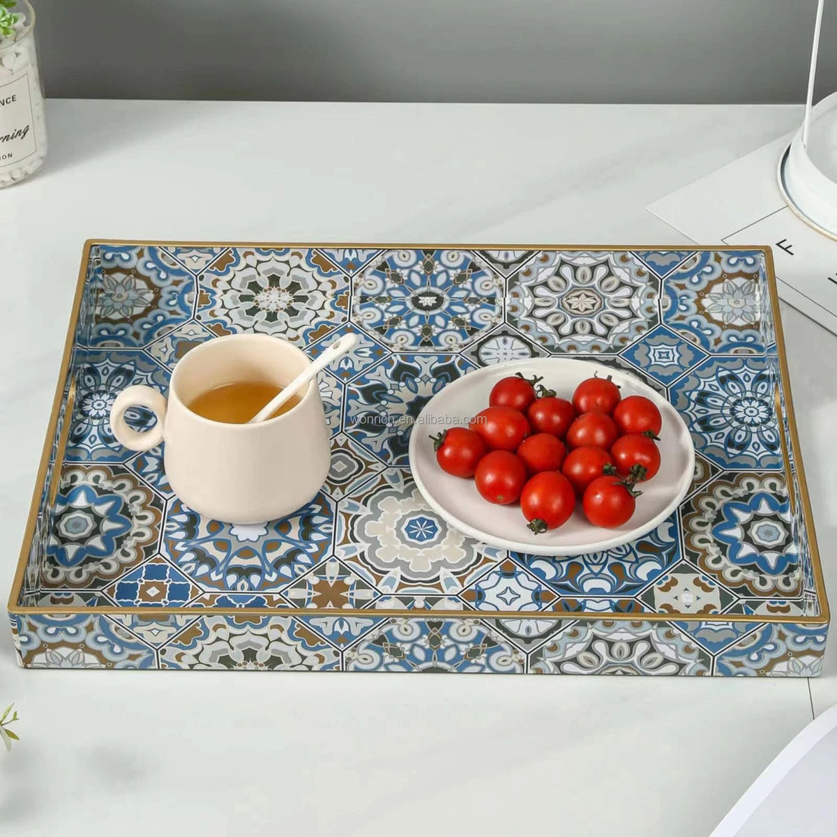 Arabesque Moroccan Tile Serving Tray Set 2 Pieces Rectangular Teal Gold Coffee Dining - Image 6