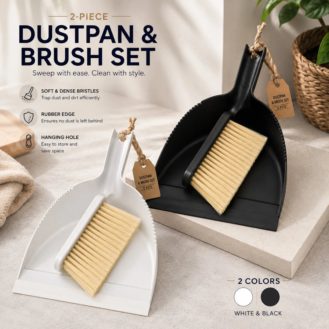 Dustpan and Brush Set 2 PCS Hand Broom Cleaning Set with Wooden Handle Rubber Edge Gray White