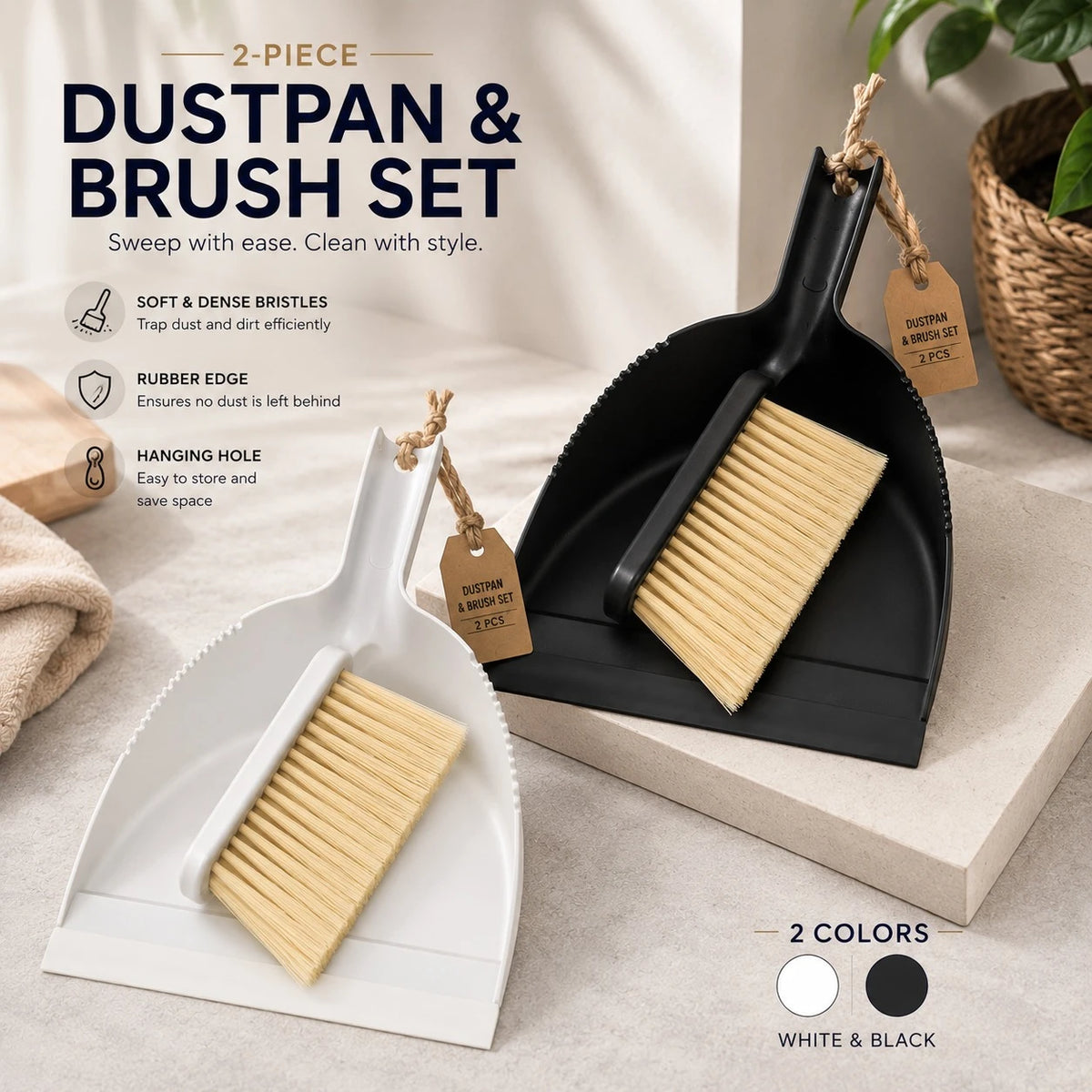 Dustpan and Brush Set 2 PCS Hand Broom Cleaning Set with Wooden Handle Rubber Edge Gray White - Image 1