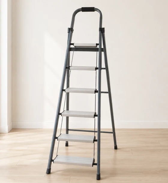 6 Step Folding Ladder with Wide Anti Slip Steps Padded Safety Handle & Rubber Feet