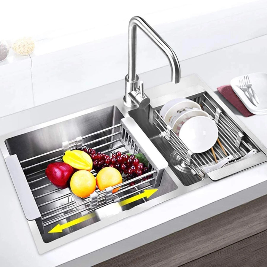 Adjustable Retractable Sink Dish Drying Rack Stainless Steel Kitchen Organizer Dish Drainer Fruit Vegetable Rinse Basket Over Sink Storage