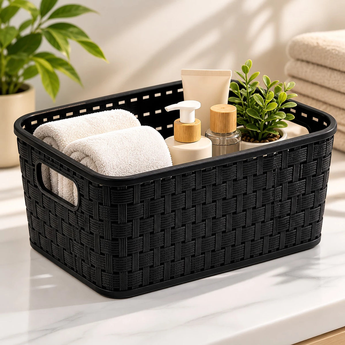 Rotho Swiss Design Storage Basket Organizer Plastic Woven Box Home Bathroom Kitchen Shelf Closet Office Storage - Image 3