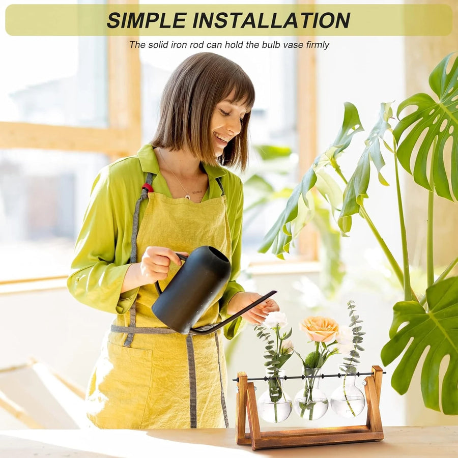 3 Vase Flower Plant Terrarium with Natural Wood Stand and Glass Vases for Plant Cuttings and Home Décor