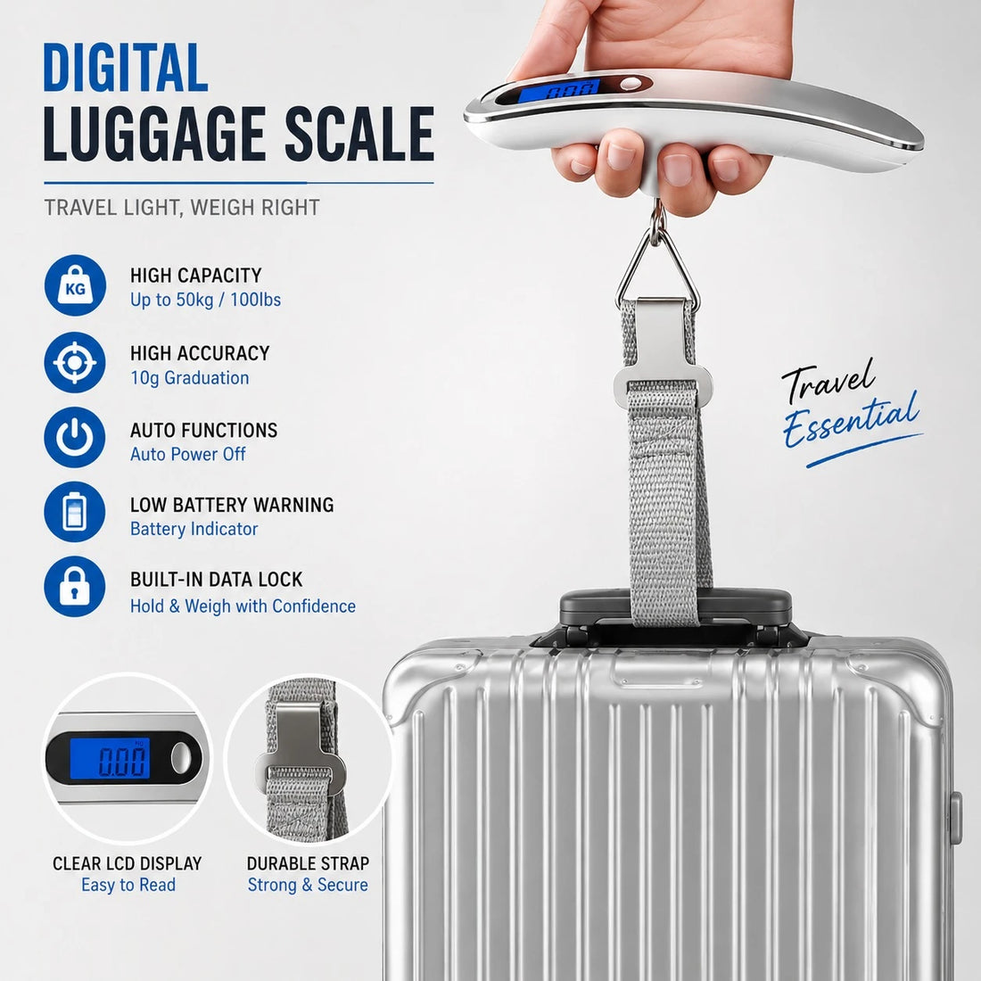 Digital Luggage Smart Scale Portable Travel Suitcase Weight Scale LCD Baggage Hanging Scale Travel Bag Weight Checker 50kg
