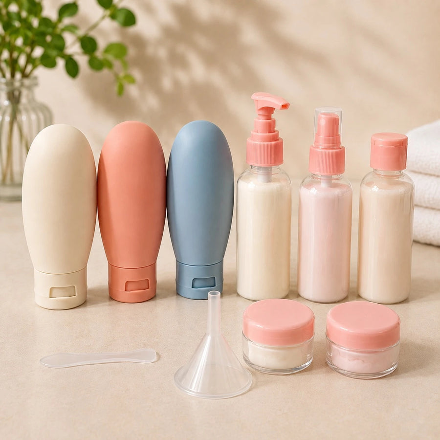 Travel Toiletry Bottle Set with Silicone Squeeze Bottles Cosmetic Jars Spray Pump Bottles Funnel and Waterproof Bag