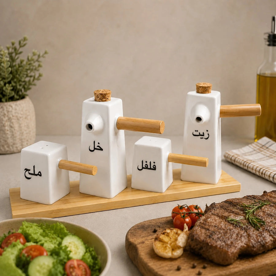 4 Piece Porcelain Oil Vinegar Salt And Pepper Set Bamboo Tray Kitchen Condiment Organizer
