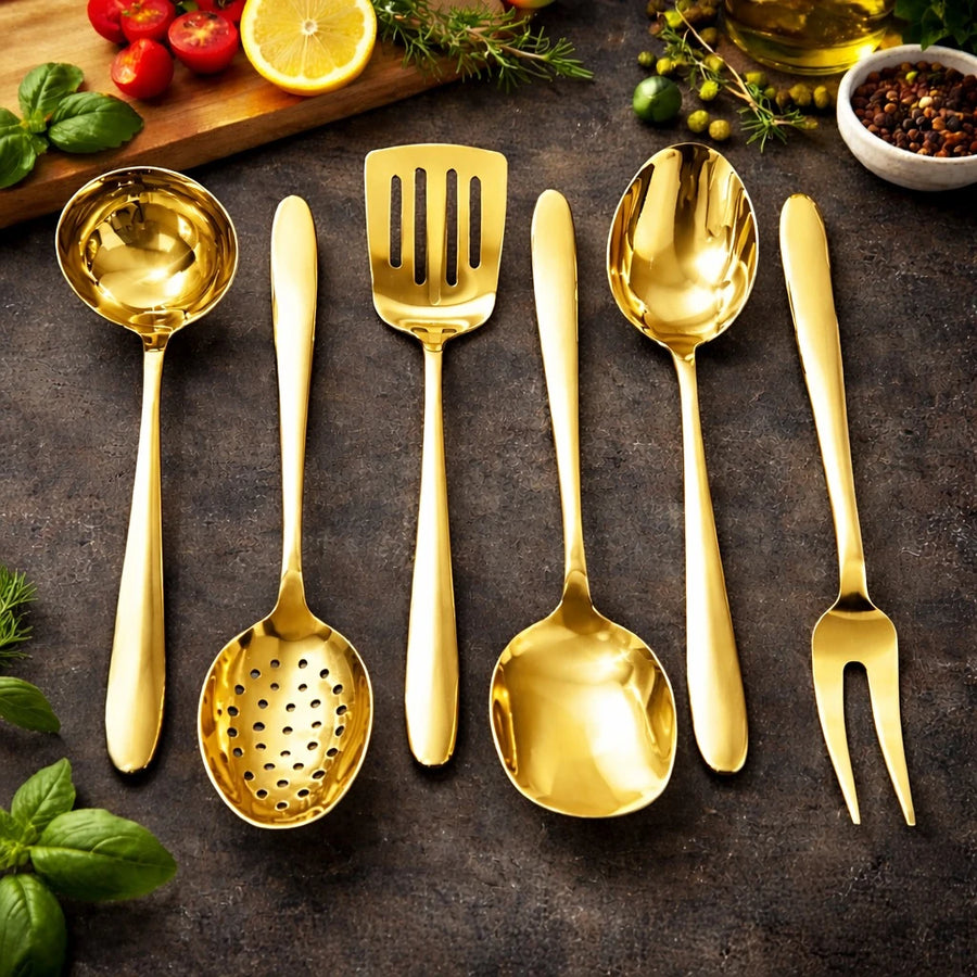 Gold Stainless Steel Kitchen Utensil Set Cooking Utensils Set Metal Cooking Tools Kitchen Serving Utensils Set of 6 Gold