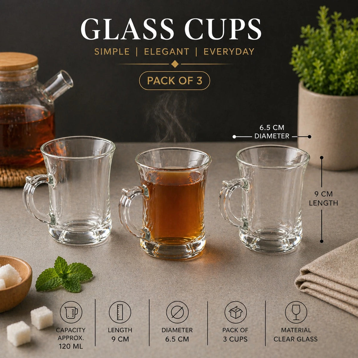 Clear Glass Tea Cups Pack of 3 120 ml Small Coffee Tea Cups Set Transparent Glass Mug with Handle