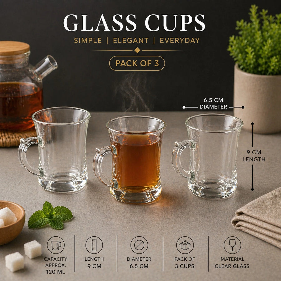 Clear Glass Tea Cups Pack of 3 120 ml Small Coffee Tea Cups Set Transparent Glass Mug with Handle