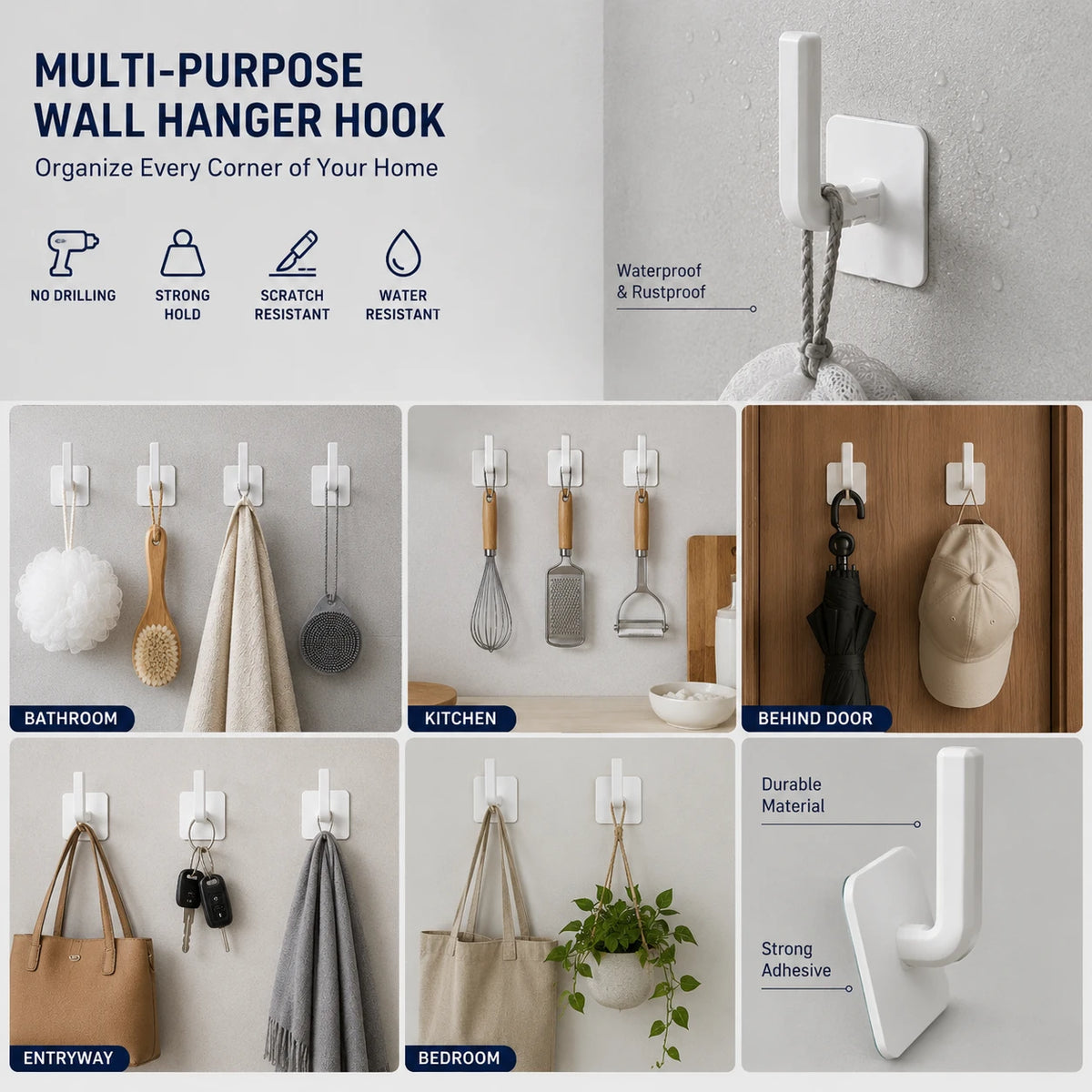 Self Adhesive Wall Hanger Heavy Duty Multi Purpose Hooks 10 Pieces
