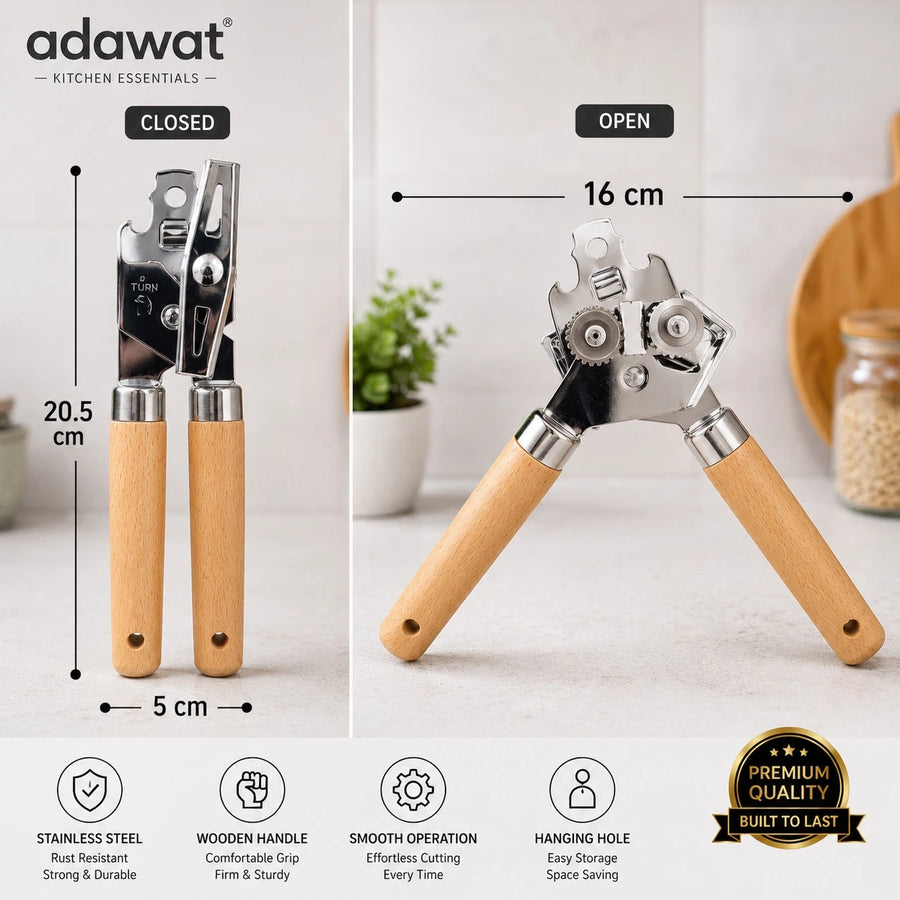 Adawat Stainless Steel Can Opener Wooden Handle Manual Tin Opener Kitchen Bottle Opener 20.5cm