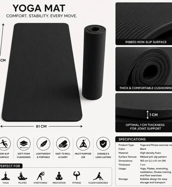 Ribbed Yoga Exercise Mat Non Slip Thick Foam Fitness Pilates Workout Mat
