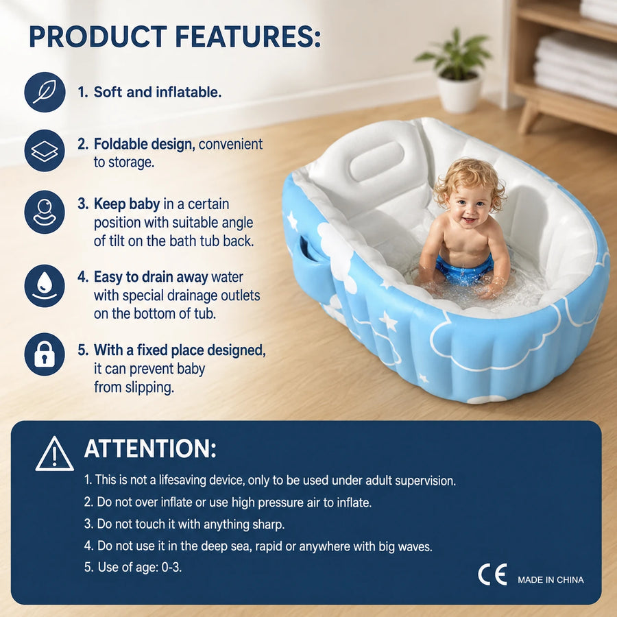 Inflatable Foldable Baby Bath Tub | Portable Non-Slip Baby Bathtub with Drain Outlet