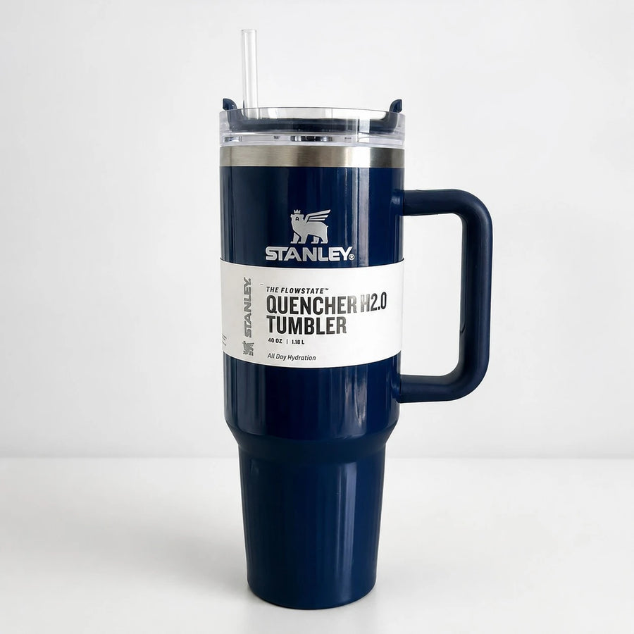 Stanley Stainless Steel Insulated Travel Tumbler Cup With Handle Straw Thermal Mug Navy Blue 40 Oz