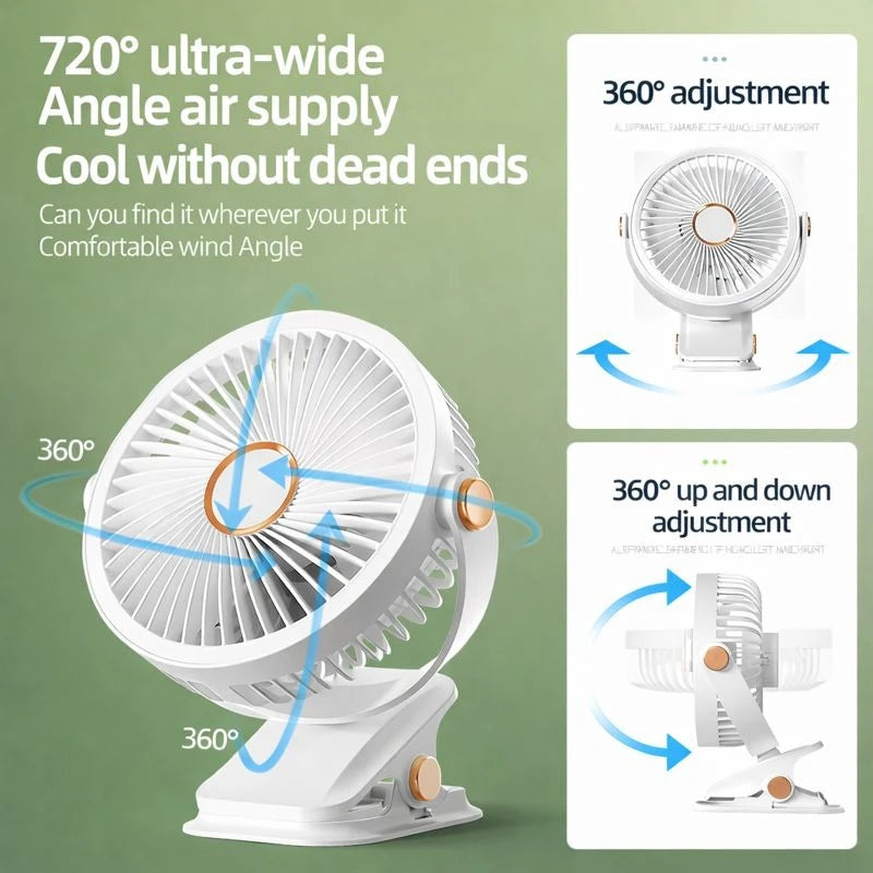 Portable Multi-Function Clip Fan 5 Speeds, 360° Adjustable, Rechargeable Desk & Hanging Fand