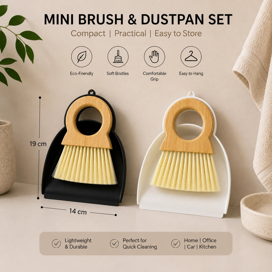 Mini Dustpan Brush Set Bamboo Handle Desktop Cleaning Brush