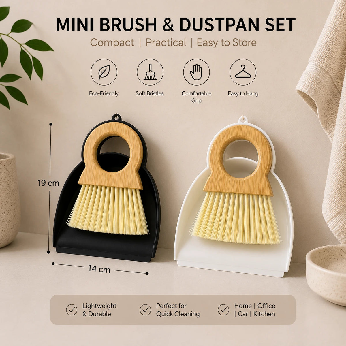 Mini Dustpan Brush Set Bamboo Handle Desktop Cleaning Brush - Image 1
