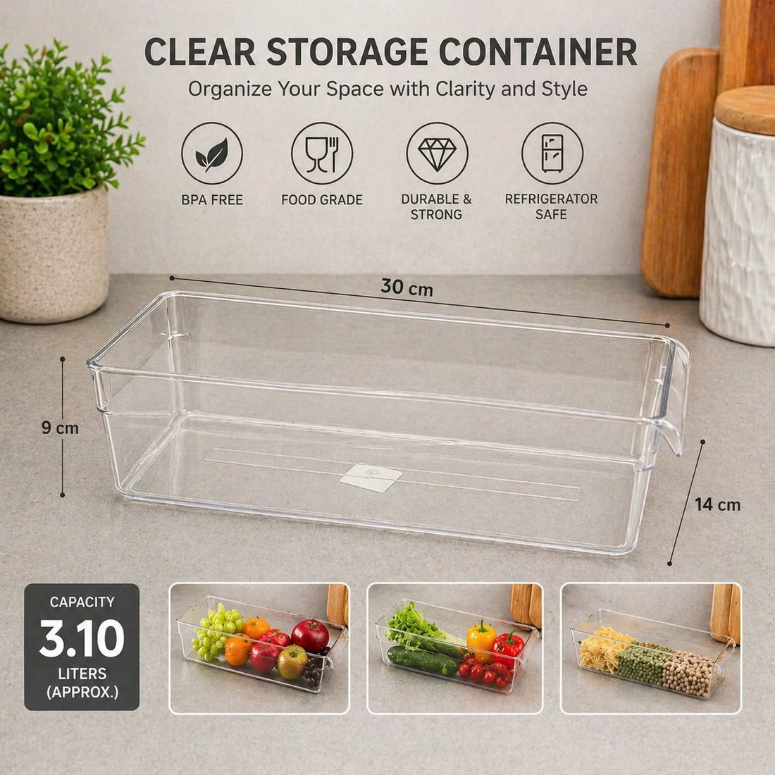 Clear Fridge Organizer Storage Container 3.10 L Refrigerator Bin Transparent Food Storage Tray 30 cm