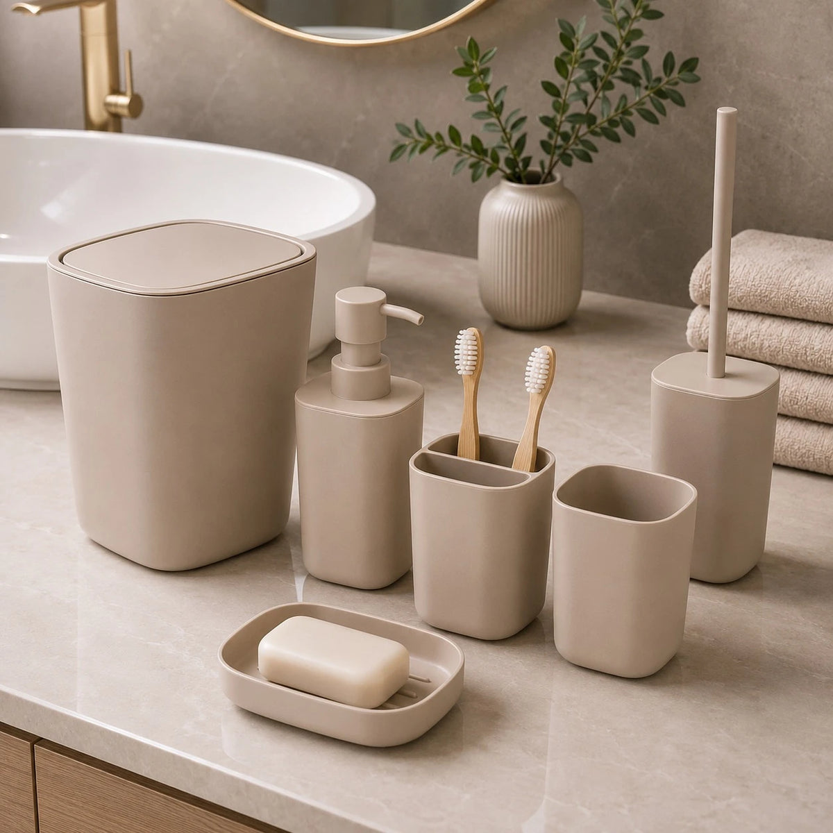 6 Piece Beige Plastic Bathroom Accessories Set with Trash Bin Soap Dispenser Toothbrush Holder Tumbler Soap Dish and Toilet Brush