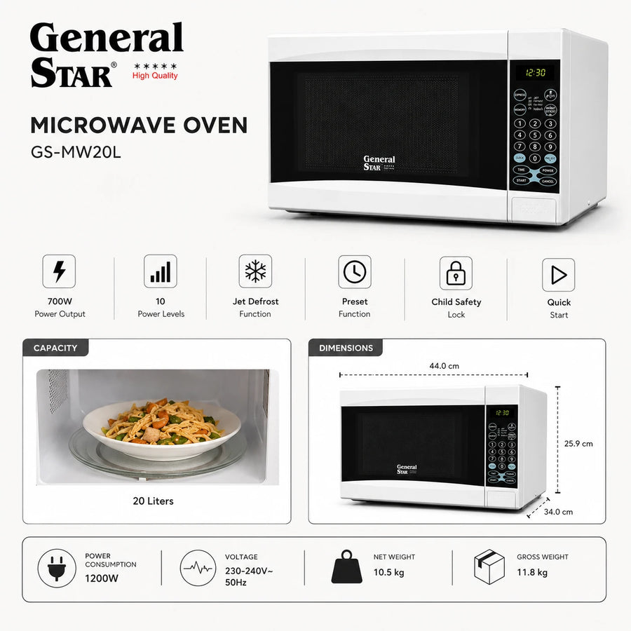 Microwave Oven General Star Digital Control Jet Defrost 20 Liter White Microwave Oven Kitchen Appliance