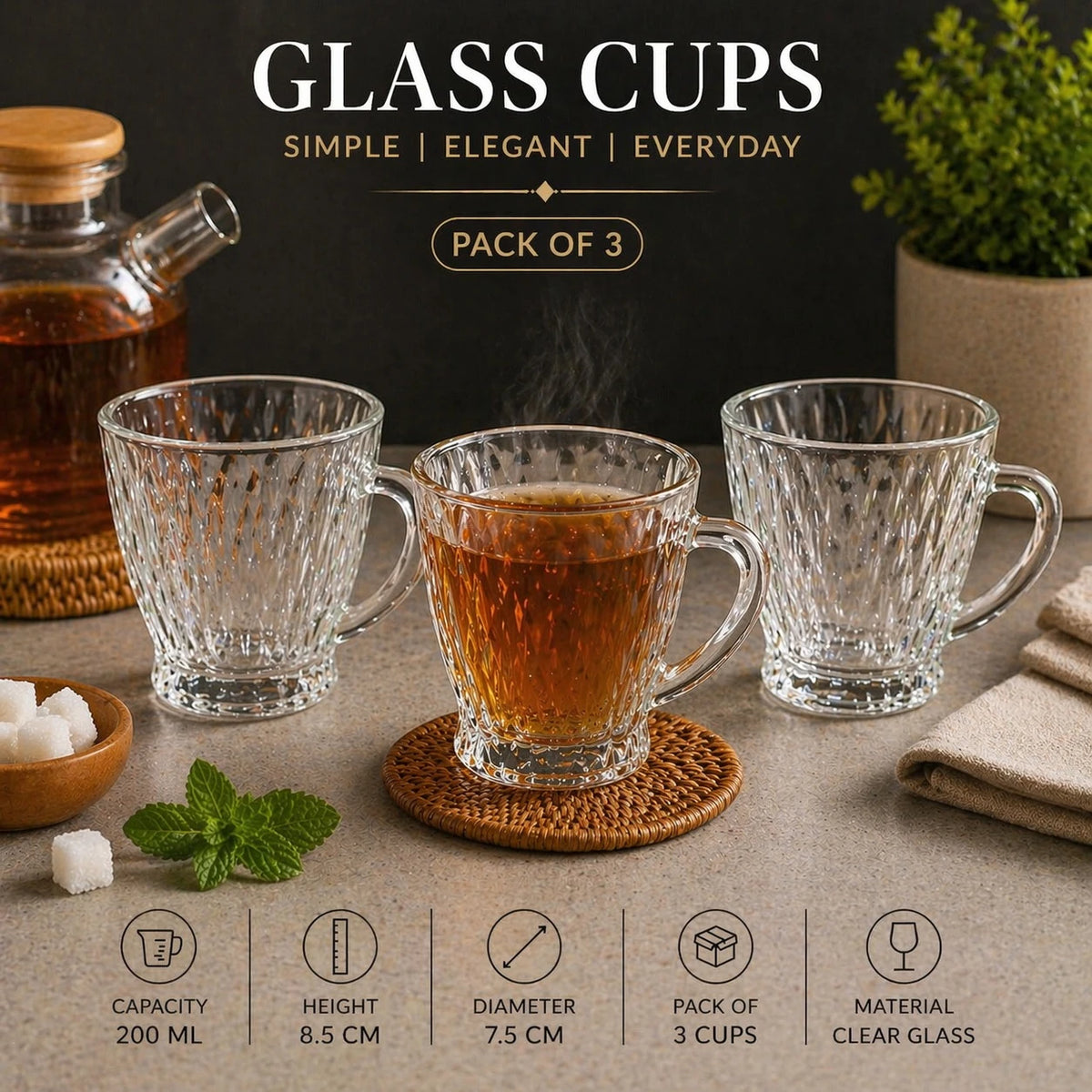 Clear Glass Tea Cups Pack of 3 200 ml Coffee Cup Set Textured Pattern Hot Drink Mugs with Handle 8.5 cm