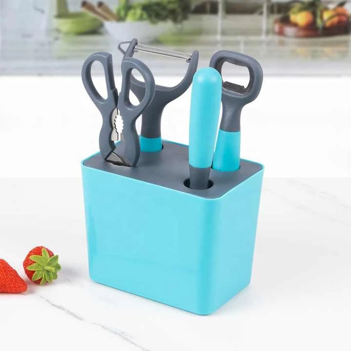 5 Piece Stainless Steel Kitchen Tool Set with Knives Scissors Bottle Opener and Storage Box – Blue