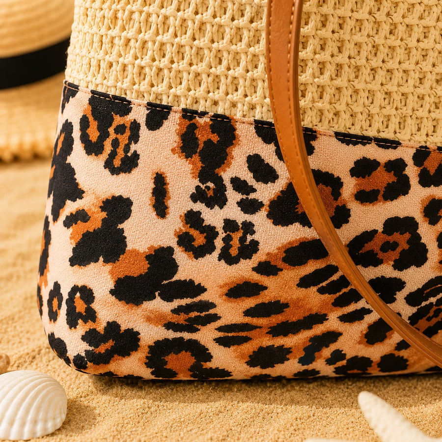 Travel Beach Tote Bag Leopard Print Straw Summer Bag Large Capacity Shoulder Bag