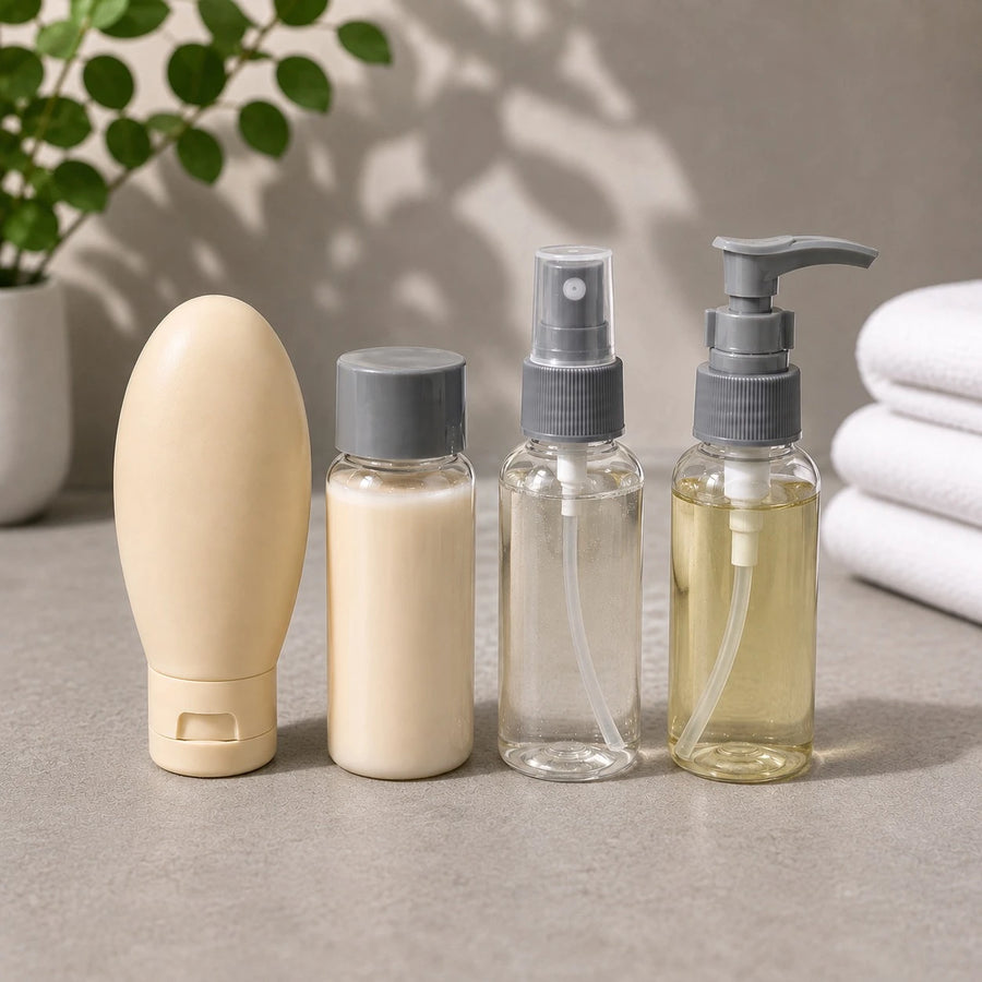 Travel Toiletry Bottle Set 4 Pieces Refillable Silicone Squeeze Spray Pump Flip Cap Bottles with Clear Travel Bag