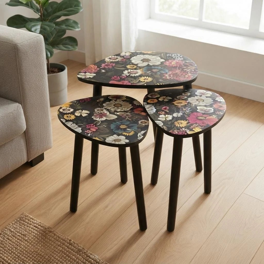 Floral Nesting Side Tables Set of 3 | Decorative Side Tables for Living Room Bedroom & Office