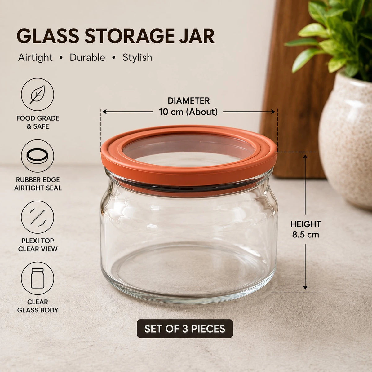 Glass Storage Jar Set Of 3 Airtight 600ML Clear Glass Food Container With Rubber Edge Plexi Top Kitchen Pantry Organizer