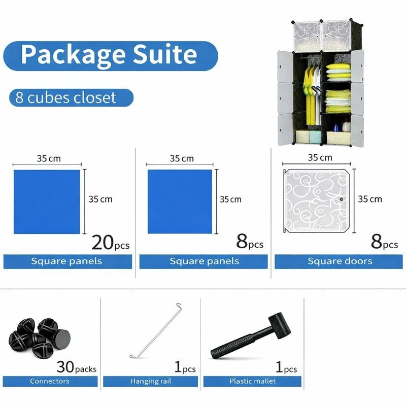 Modular 8 Cube Closet Wardrobe Storage Organizer Adjustable Plastic Clothes Cabinet Shoe Storage Unit with Hanging Rail