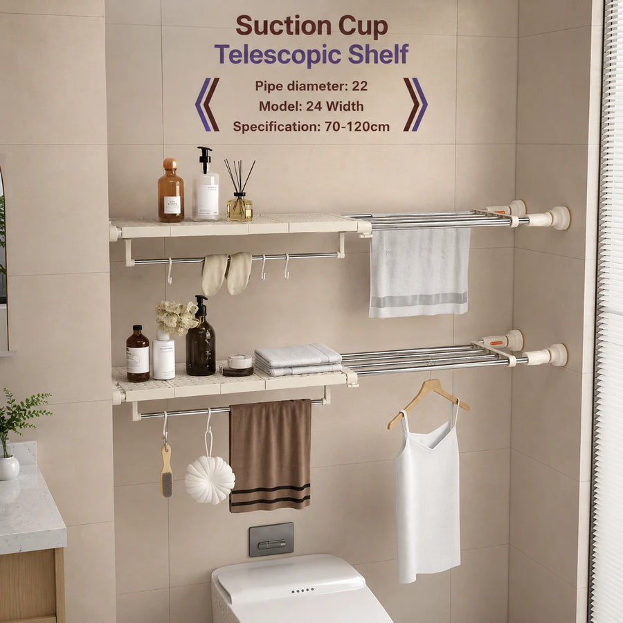 Adjustable Telescopic 2 Tier Storage Shelf with Hanging Rods 70–120
