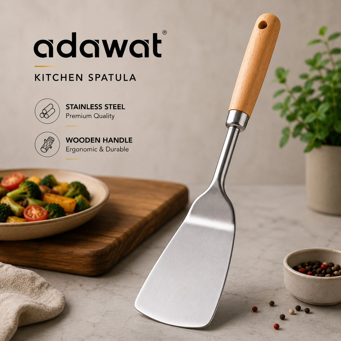 Adawat Stainless Steel Kitchen Turner Spatula Wooden Handle BBQ Grill Cooking Pancake Burger Fish Turner 33 cm