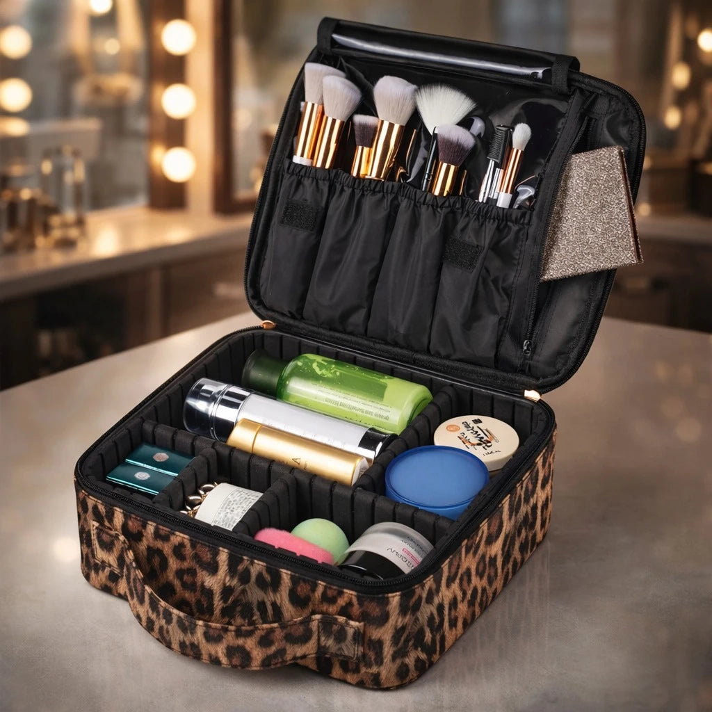 Leopard Print PU Leather Makeup Organizer Travel Cosmetic Bag Waterproof Zipper Beauty Storage Case Portable Makeup Box 25x23x9 cm