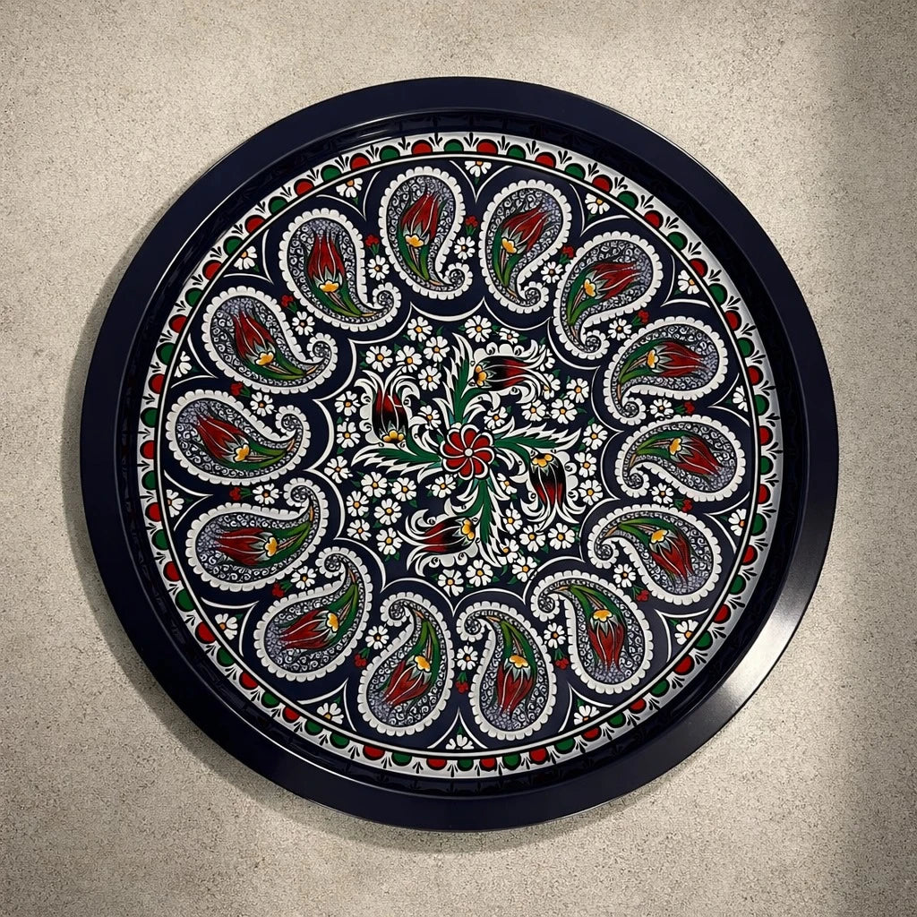 Turkish Metal Tray Serving Tray Round Tray Mandala Coffee Serving Tray Tea Tray Ottoman Floral Tray Decorative Tray Kitchen Serving Tray 35 cm